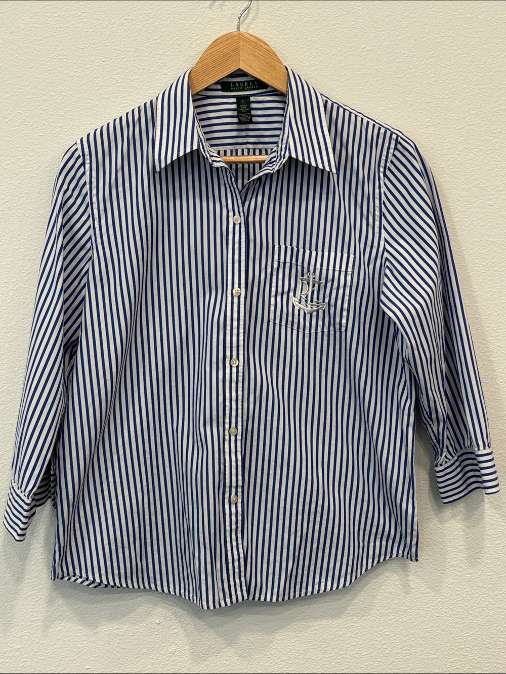 Lauren Ralph Lauren Women’s Navy and White Vertical Stripe Button-Down Size L